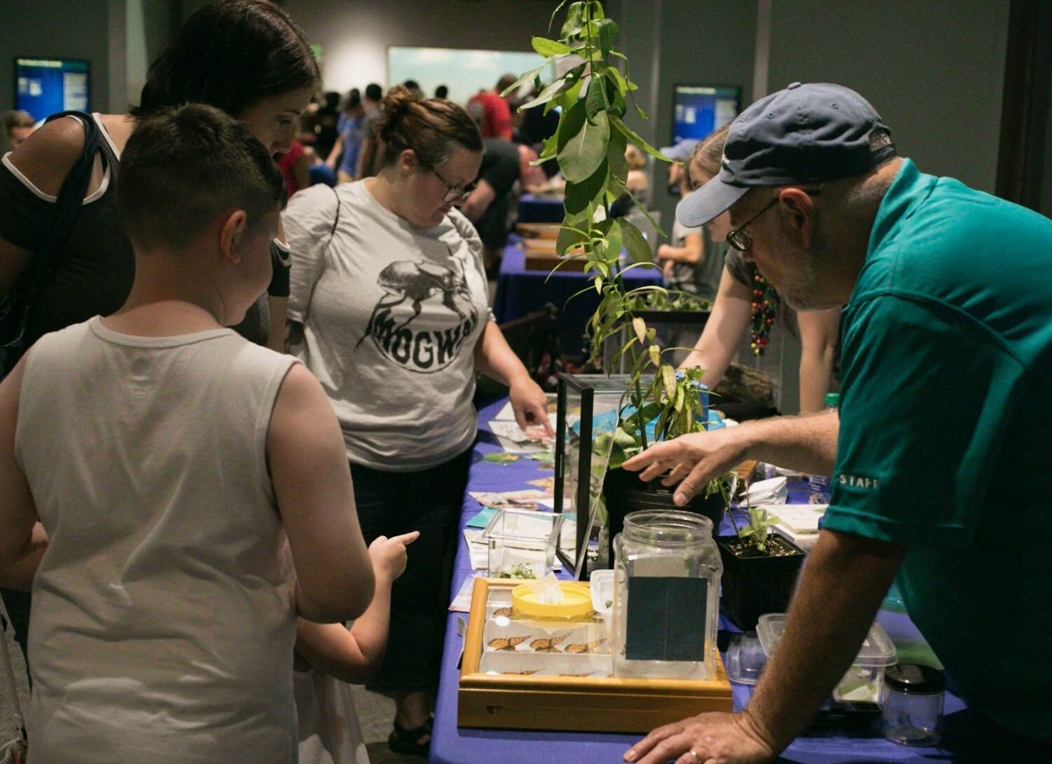 Children and a staff member looking at plants and specimens at a table during an Academy event.