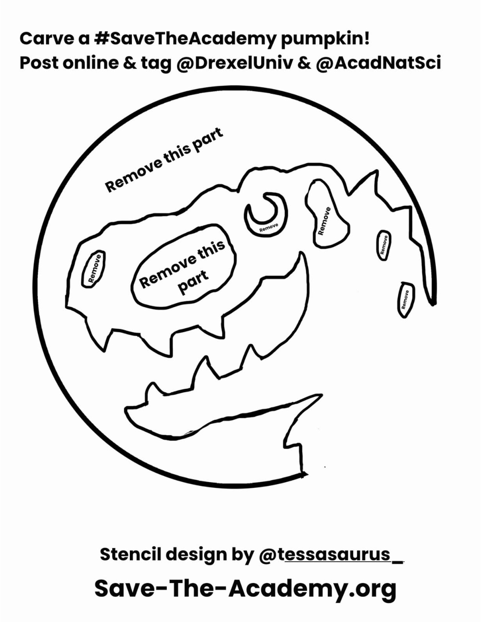 Carve a #SaveTheAcademy pumpkin: a T. rex skull pumpkin-carving stencil on a letter sheet with the parts to cut out marked Remove, the words Post online and tag @DrexelUniv and @AcadNatSci, Save-The-Academy.org, and stencil design by @tessasaurus_.