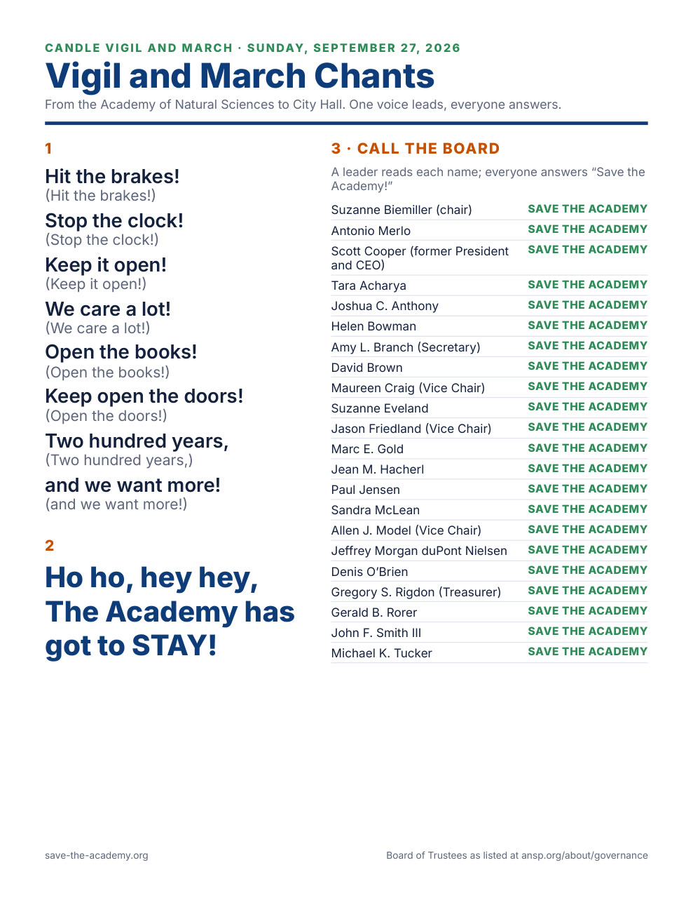 Vigil and March Chants, Sunday, September 27, 2026: the call-and-response chant Hit the brakes, stop the clock, keep it open; Ho ho, hey hey, the Academy has got to stay; and a call of each Academy trustee's name answered with Save the Academy.